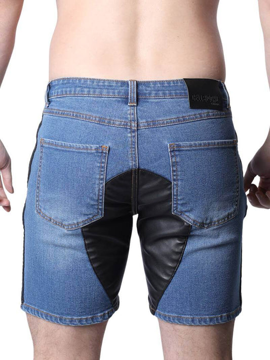 CellBlock13 Saddleback Stretch Fit Denim Shorts with Leatherette Panels