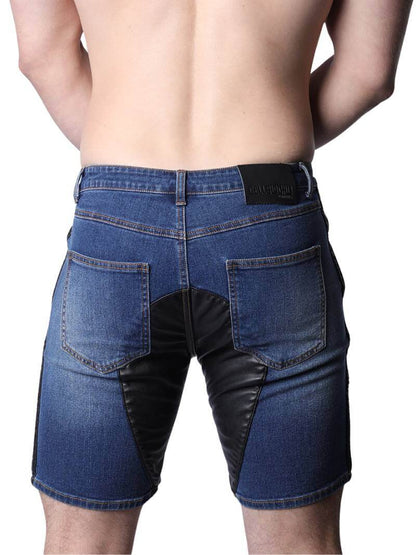 CellBlock13 Saddleback Stretch Fit Denim Shorts with Leatherette Panels