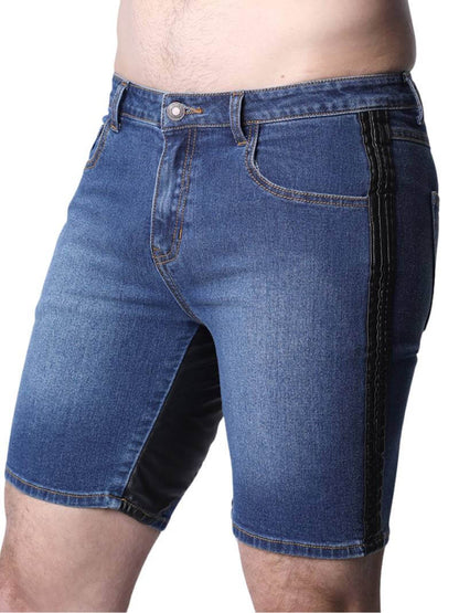 CellBlock13 Saddleback Stretch Fit Denim Shorts with Leatherette Panels