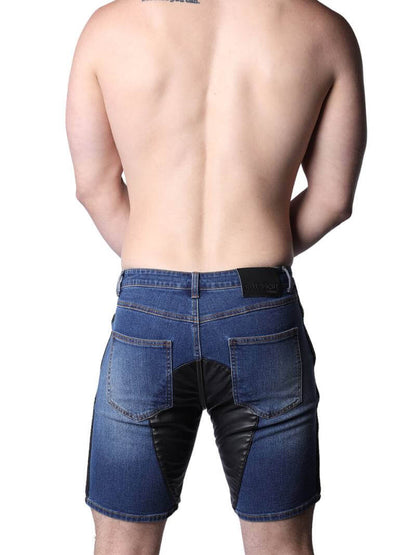 CellBlock13 Saddleback Stretch Fit Denim Shorts with Leatherette Panels