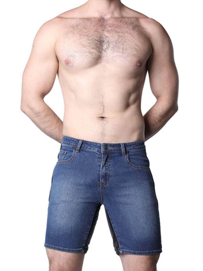 CellBlock13 Saddleback Stretch Fit Denim Shorts with Leatherette Panels