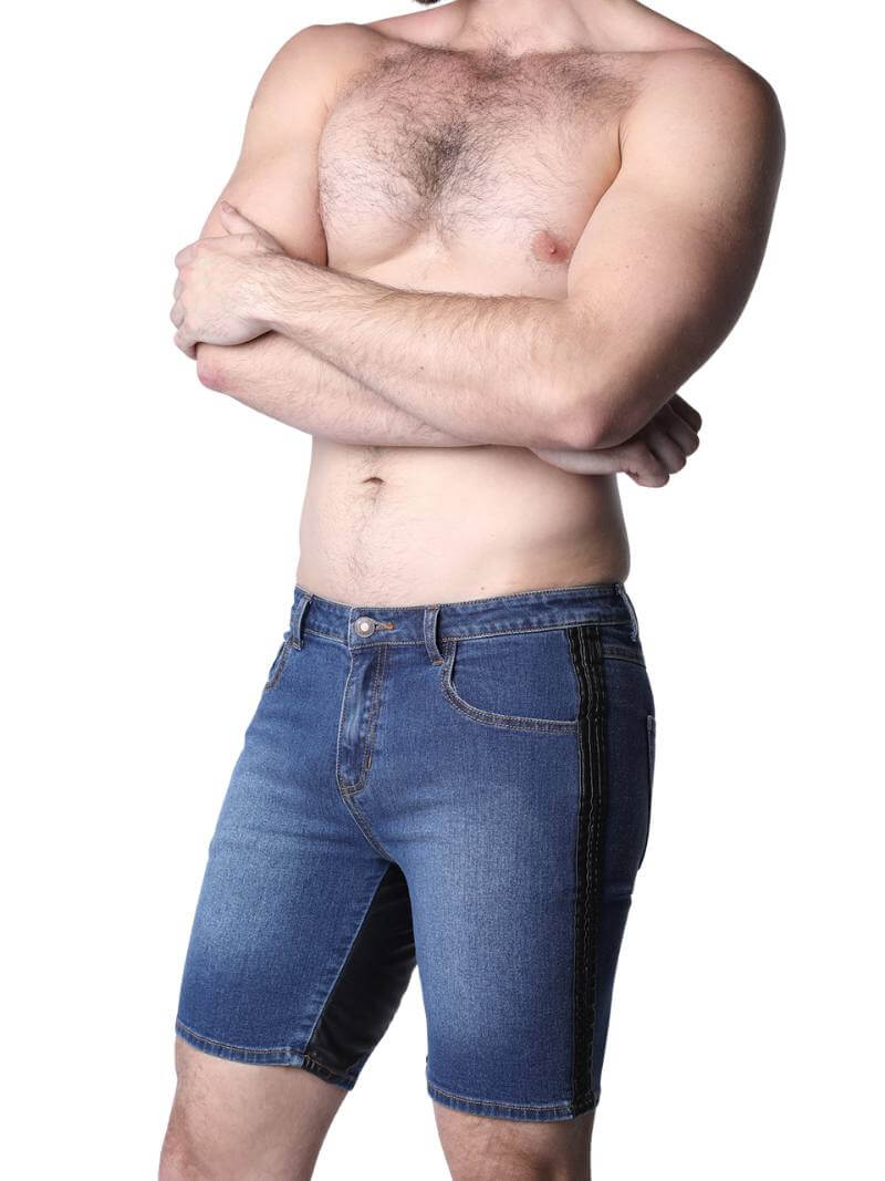 CellBlock13 Saddleback Stretch Fit Denim Shorts with Leatherette Panels