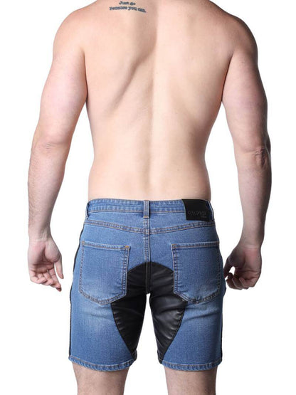 CellBlock13 Saddleback Stretch Fit Denim Shorts with Leatherette Panels