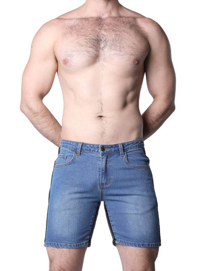 CellBlock13 Saddleback Stretch Fit Denim Shorts with Leatherette Panels