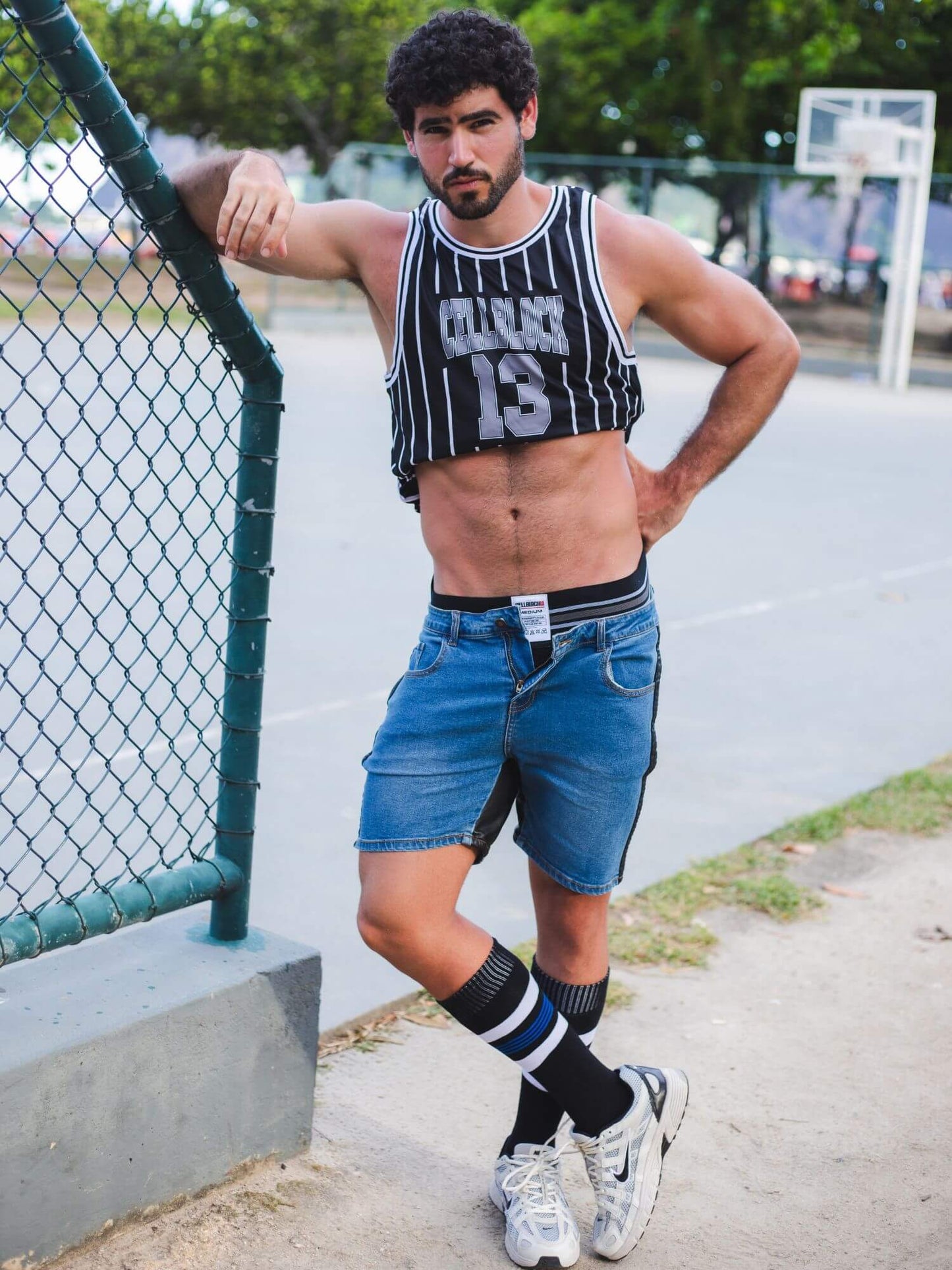 CellBlock13 Saddleback Stretch Fit Denim Shorts with Leatherett Saddle Panels & Side Tape