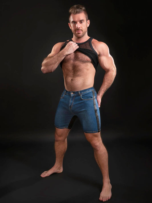 CellBlock13 Saddleback Stretch Fit Denim Shorts with Leatherett Saddle Panels & Side Tape
