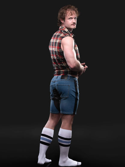 CellBlock13 Saddleback Stretch Fit Denim Shorts with Leatherett Saddle Panels & Side Tape