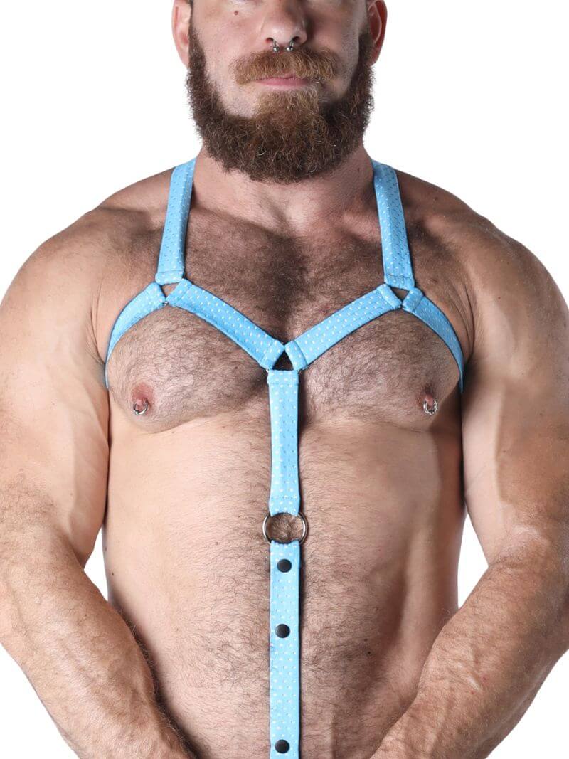 Man wearing a blue harness on a white background
