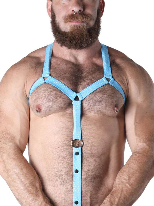 Man wearing a blue harness on a white background