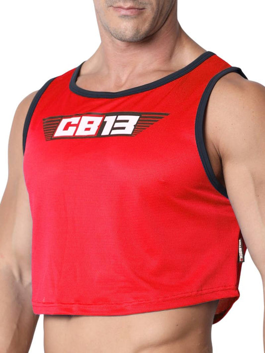 Red sleeveless athletic top with 'GB13' logo on a white background
