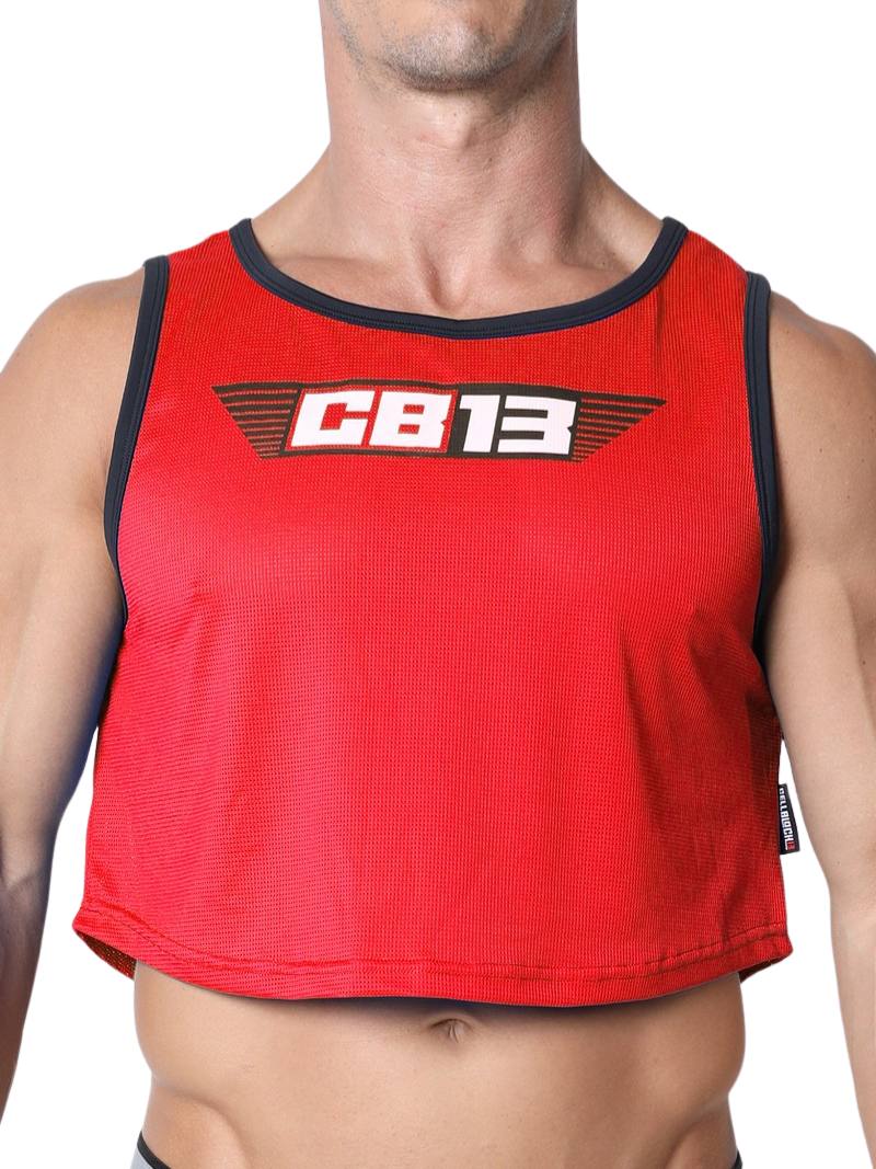 Red tank top with 'CB13' logo on a white background