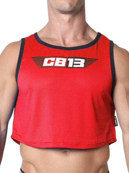 Red tank top with 'CB13' logo on a white background