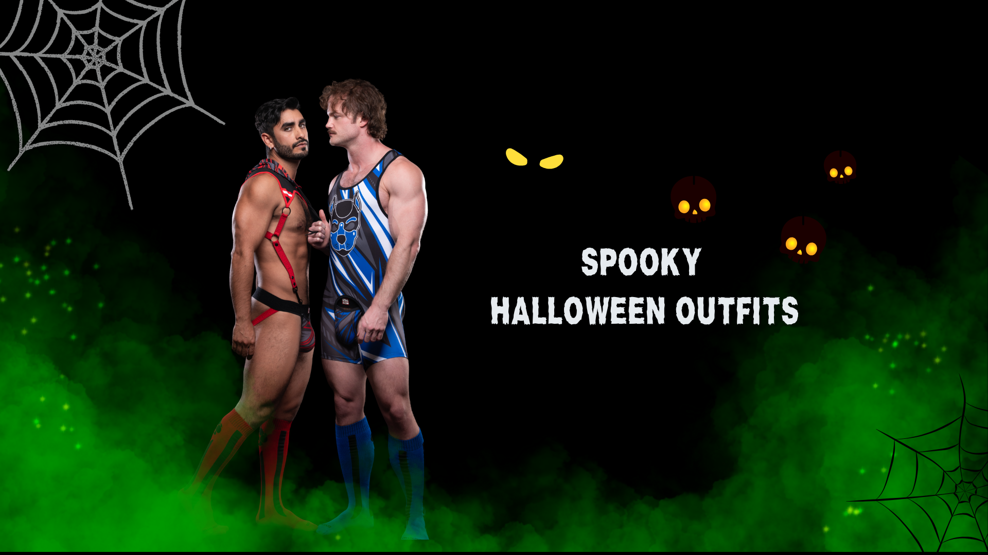 Two people in Halloween costumes standing against a dark background with spider webs and glowing eyes, text 'Spooky Halloween Outfits' displayed.