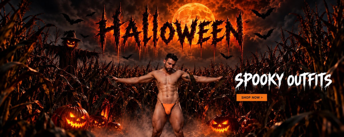 A promotional Halloween-themed banner showing a shirtless man standing in a cornfield with a large orange moon, jack-o'-lanterns, a scarecrow, and the text 'HALLOWEEN' and 'SPOOKY OUTFITS' on a dark dramatic background.