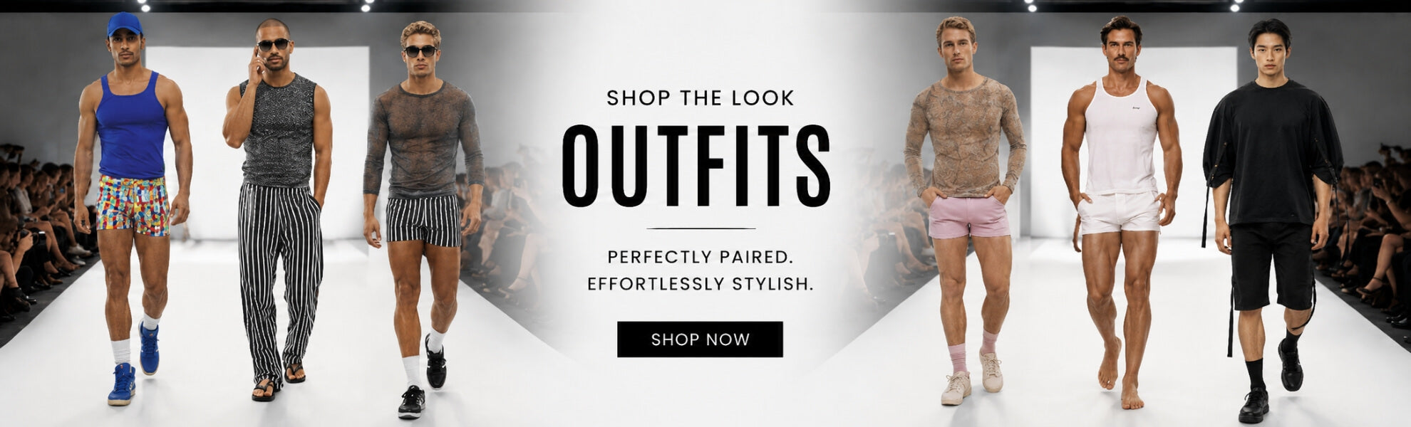 A fashion runway advertisement showing six male models walking down a white catwalk in coordinated outfits, with large text reading 'SHOP THE LOOK OUTFITS' and a 'SHOP NOW' button on a black background.
