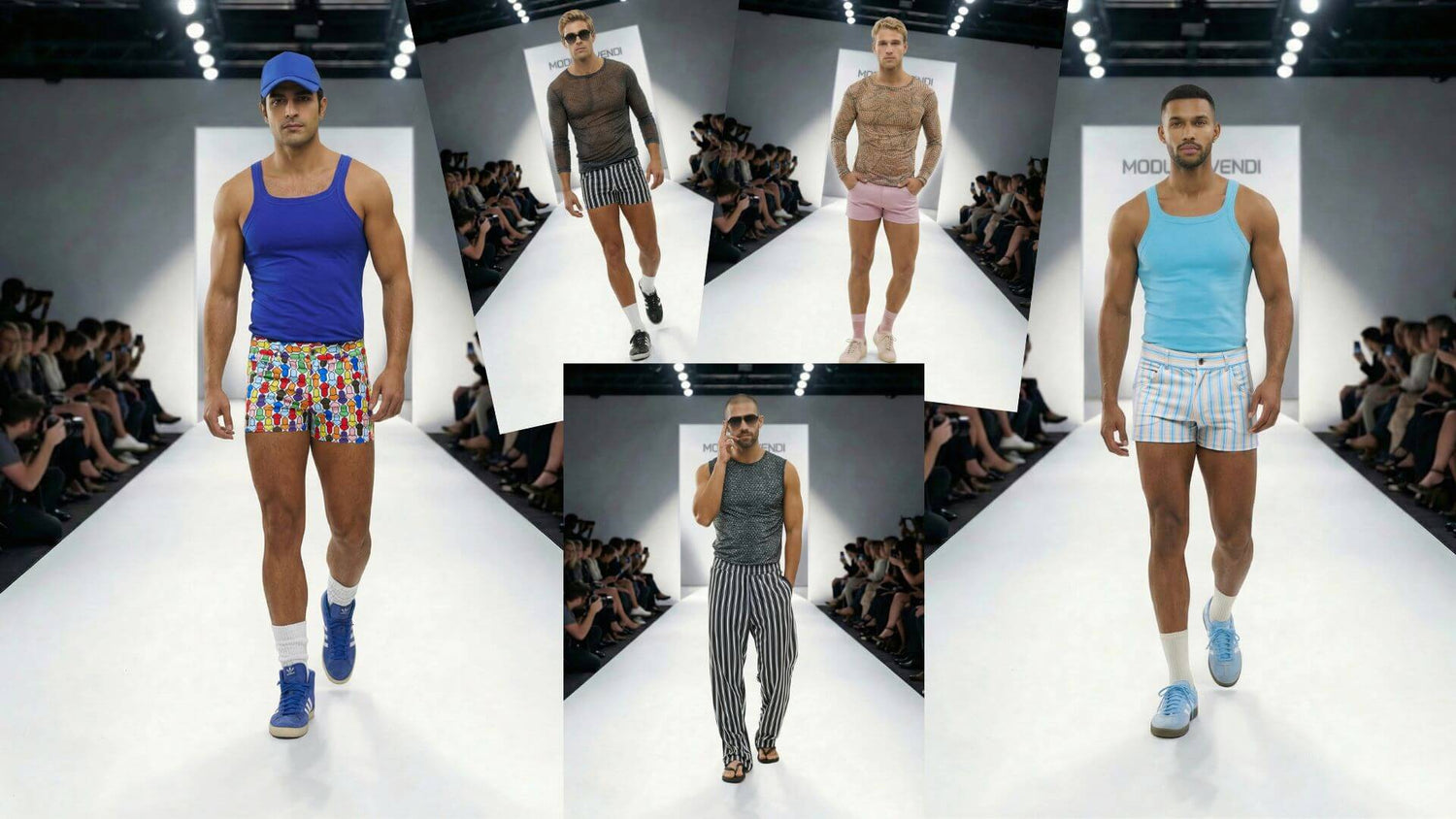 A collage of five runway photos showing male models walking a fashion show in colorful athletic shorts and tank tops. Visible clothing includes a blue tank top with multicolor shorts, a brown long-sleeve top with striped shorts, pink shorts, a light blue tank top with white striped shorts, and a gray striped set.