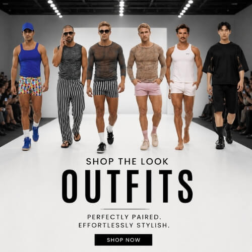 Six male models walk down a fashion runway wearing various stylish outfits, with text overlay reading 'SHOP THE LOOK OUTFITS' and a 'SHOP NOW' button.