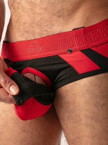 Red and black underwear with 'Locker Gear' branding on a person's waist.
