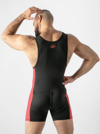 Person wearing a black and red singlet on a white background