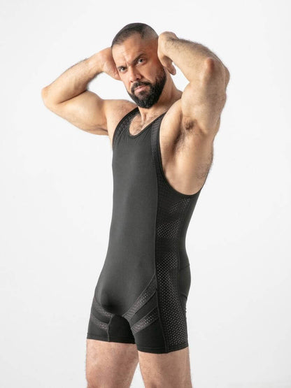Man wearing a black singlet on a white background