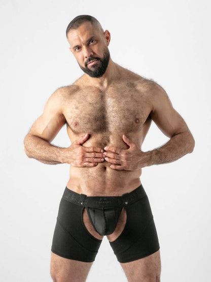Man wearing black underwear on a white background