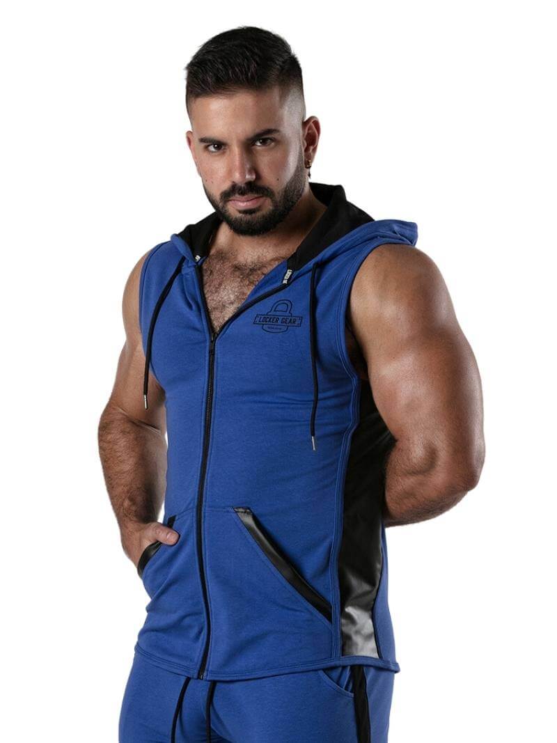 Ribbed Cotton & Leatherette Sleeveless Hoody Zipped Pockets Hooded