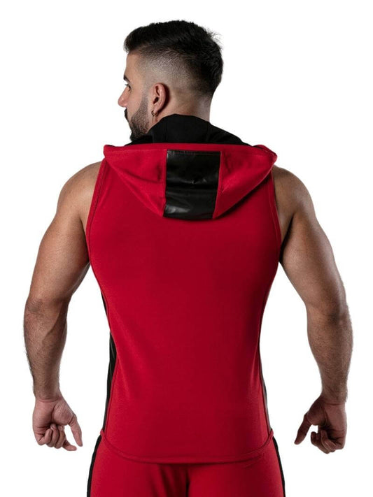 Men's Leather Look Sleeveless Hooded Tank Top