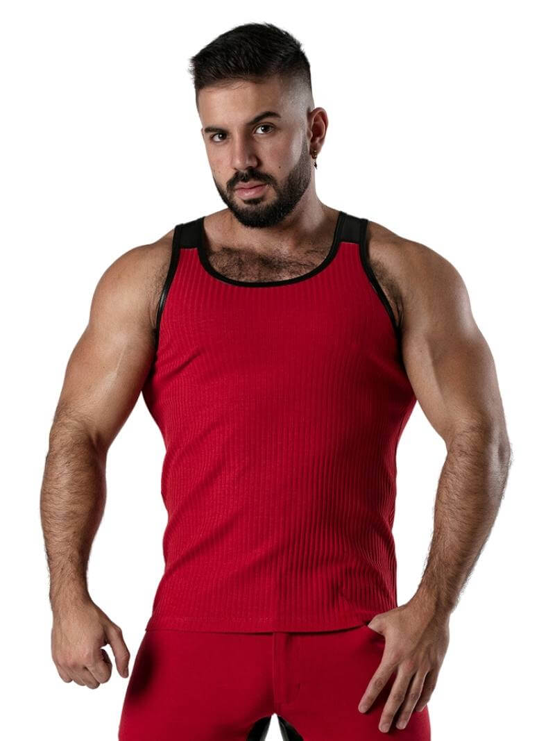 Ribbed Cotton Vest Stretchy Leatherette Trims