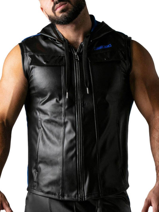 Men's Vegan Leather Zip Up Front Hooded Sleeveless Tank Top