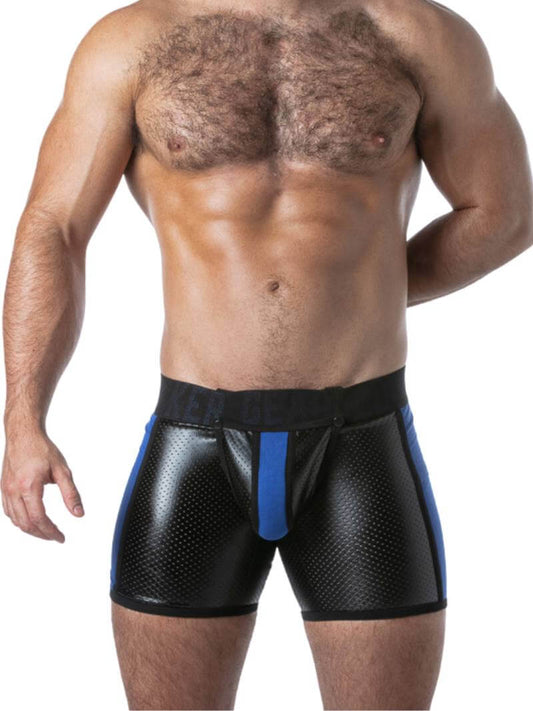 Men's Leather Look Underwear Boxers with Back Zip and Snap Off Pouch