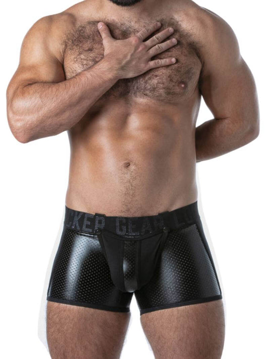 Men's Leather Look Underwear Trunks with Back Zip and Snap Off Pouch