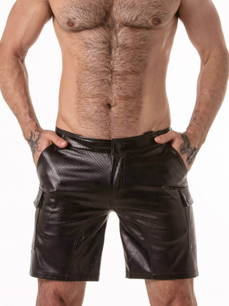 Man wearing Locker Gear black leather cargo shorts on a white background