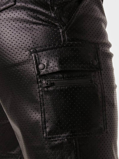 Black leather pants with perforated design and zipper pocket on a white background