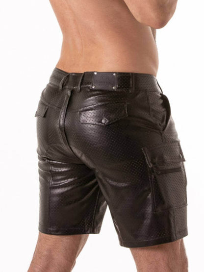Black gay leather shorts with studded details and back zip on a white background