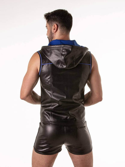 Person wearing a black leather vest with a hood on a white background