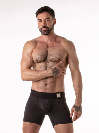 Man wearing black underwear on a white background