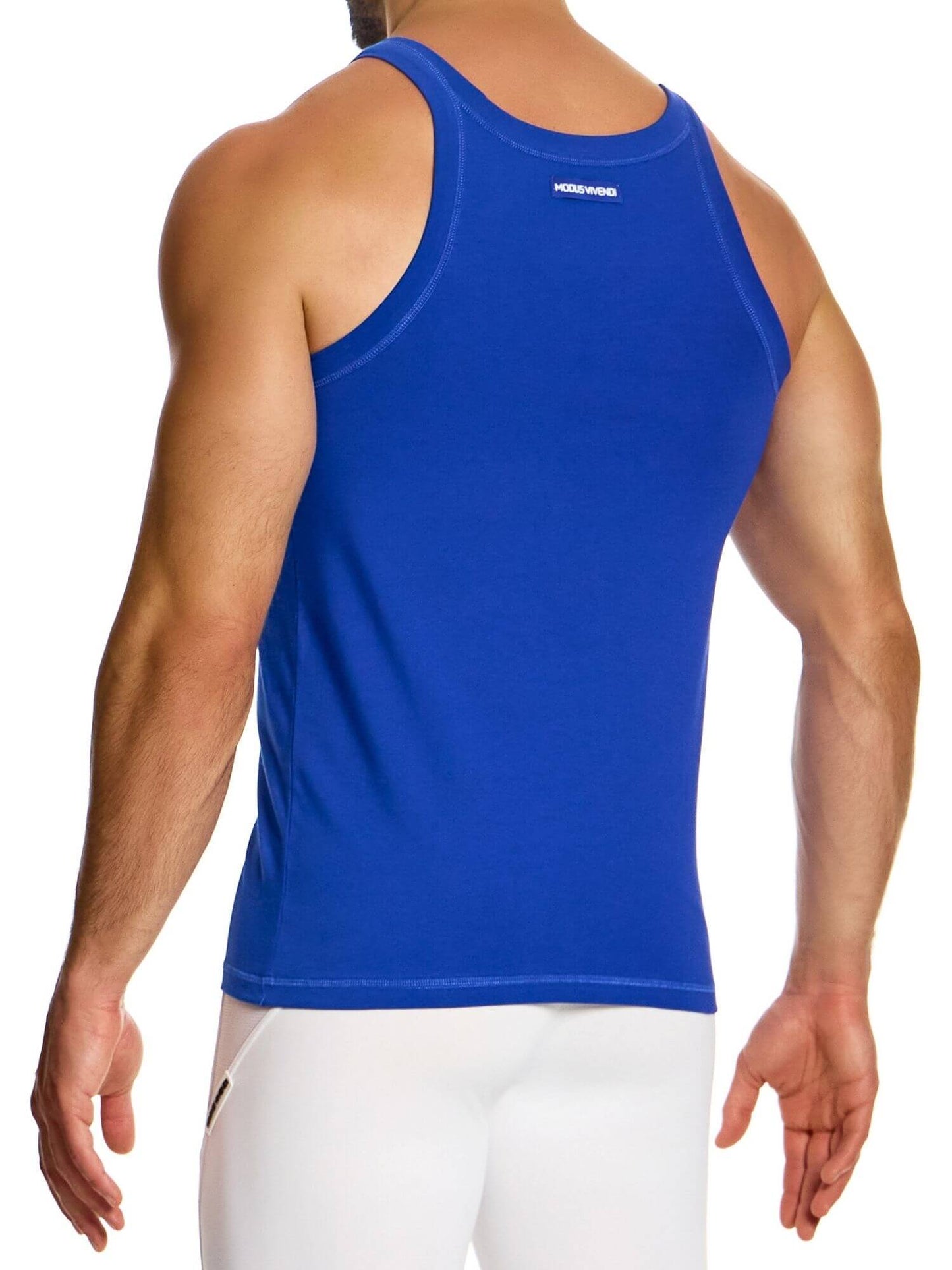 Blue tank top worn by a person on a white background