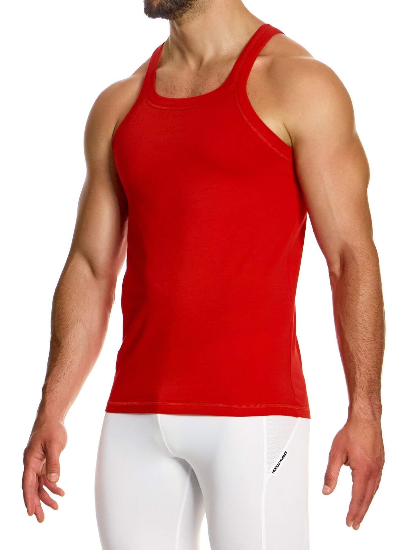 Red tank top worn by a person on a white background
