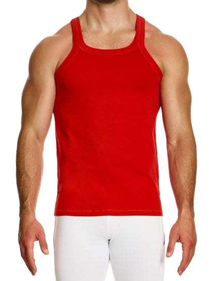Red tank top worn by a person on a white background