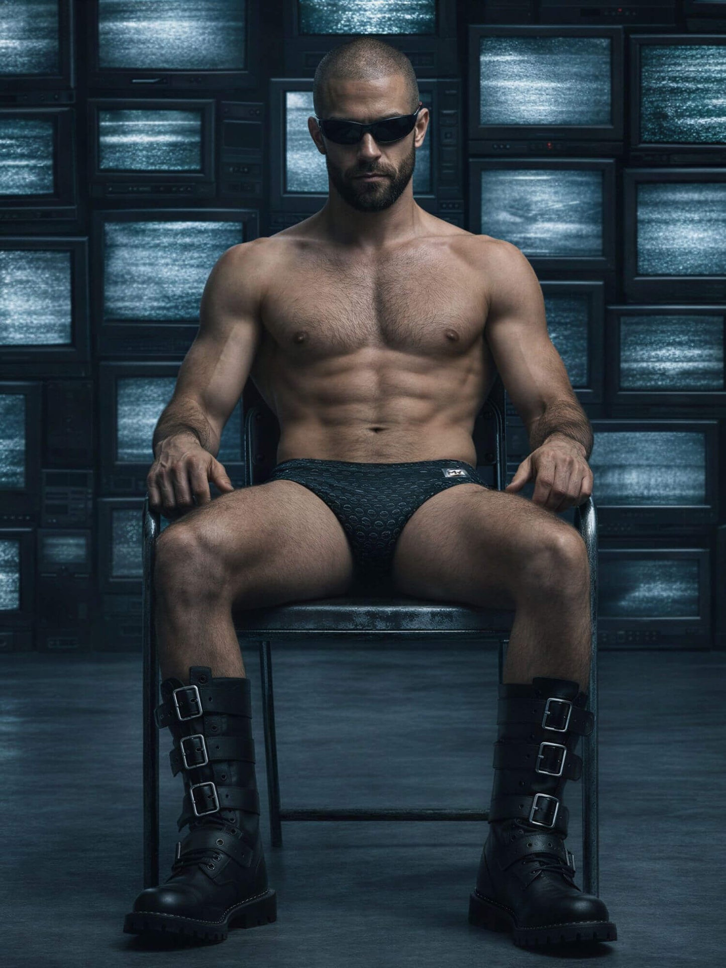 Man in black underwear and boots sitting on a chair with a dark, futuristic background.