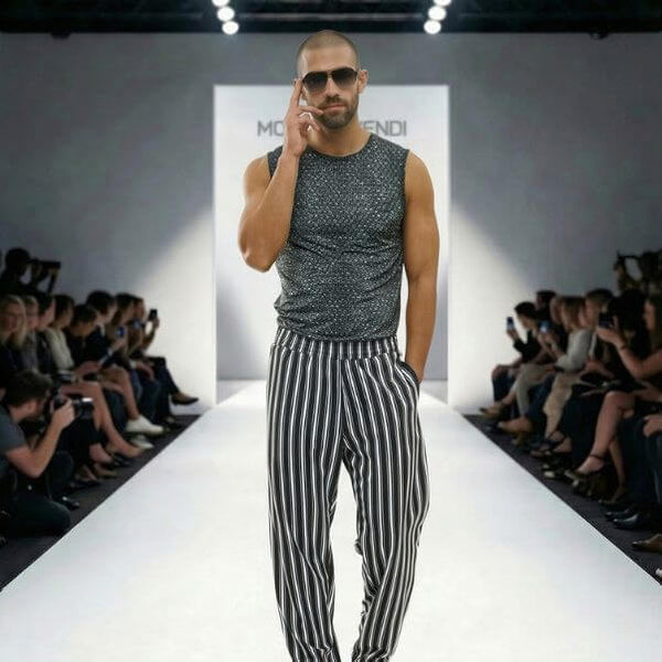 Model walking on a fashion show runway wearing Modus Vivendi air bubble sleeveless top and Balanced striped pants.