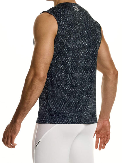 Person wearing a black sleeveless athletic shirt with a white background