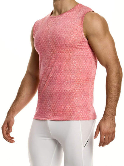 Person wearing a pink sleeveless shirt and white pants on a white background