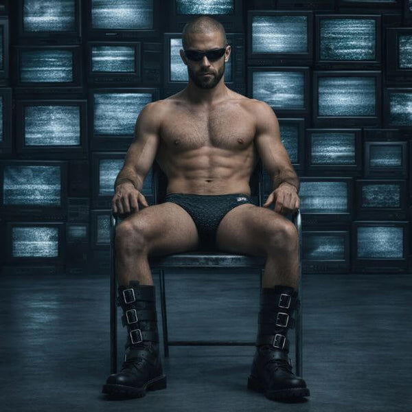 Model wearing Modus Vivendi air bubble briefs in black