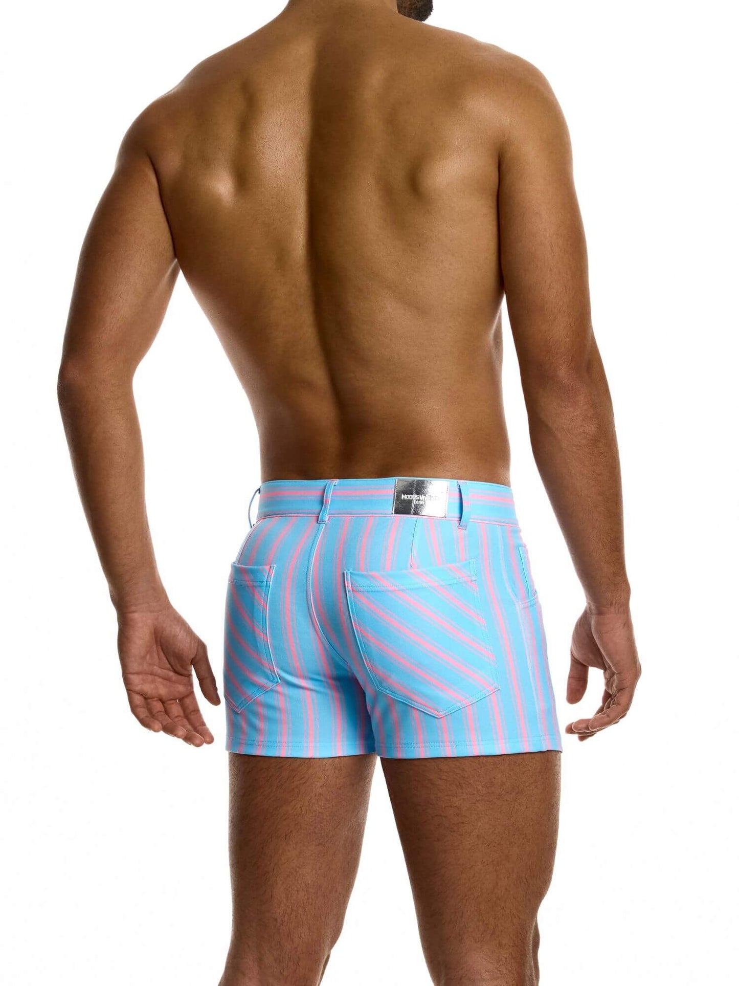 Man wearing aqua and pink striped shorts on a white background
