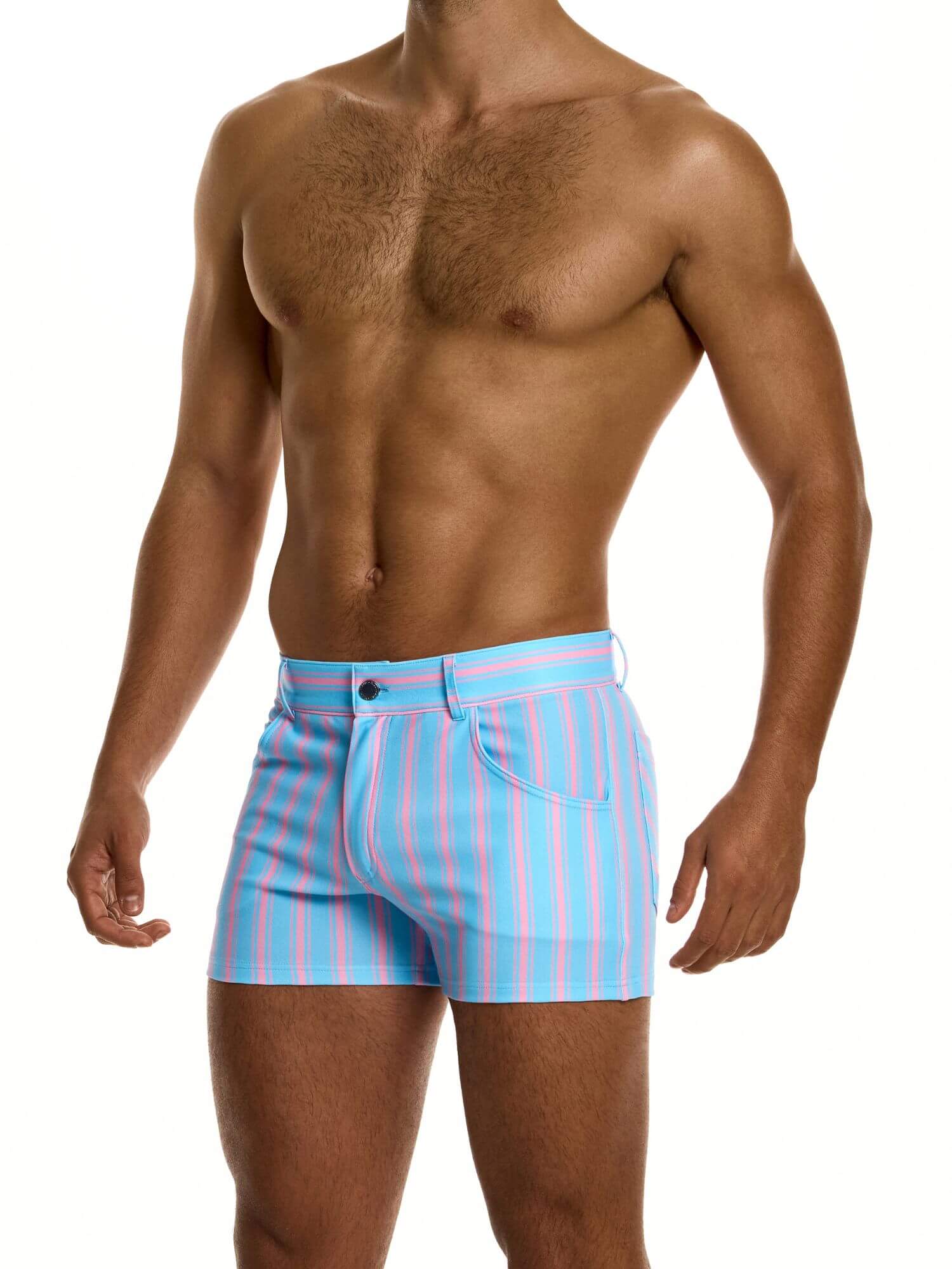 Man wearing aqua and pink striped fitted shorts on a white background