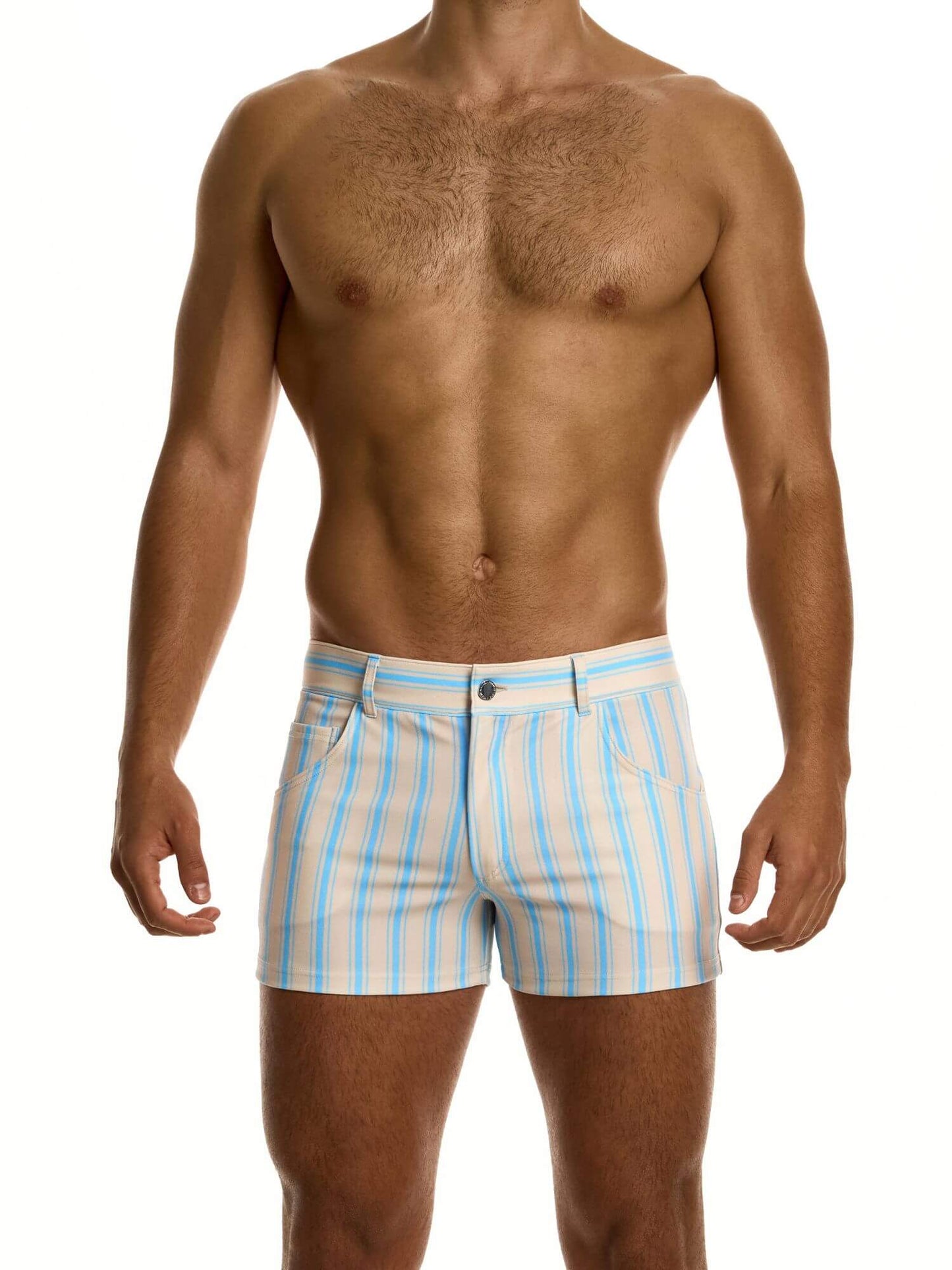 Man wearing striped shorts on a white background