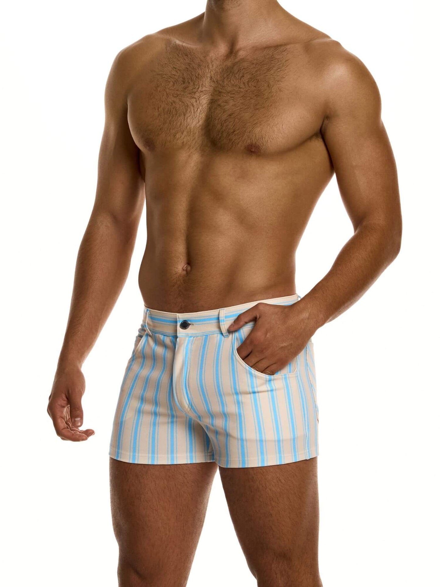 Man wearing blue and beige striped shorts on a white background