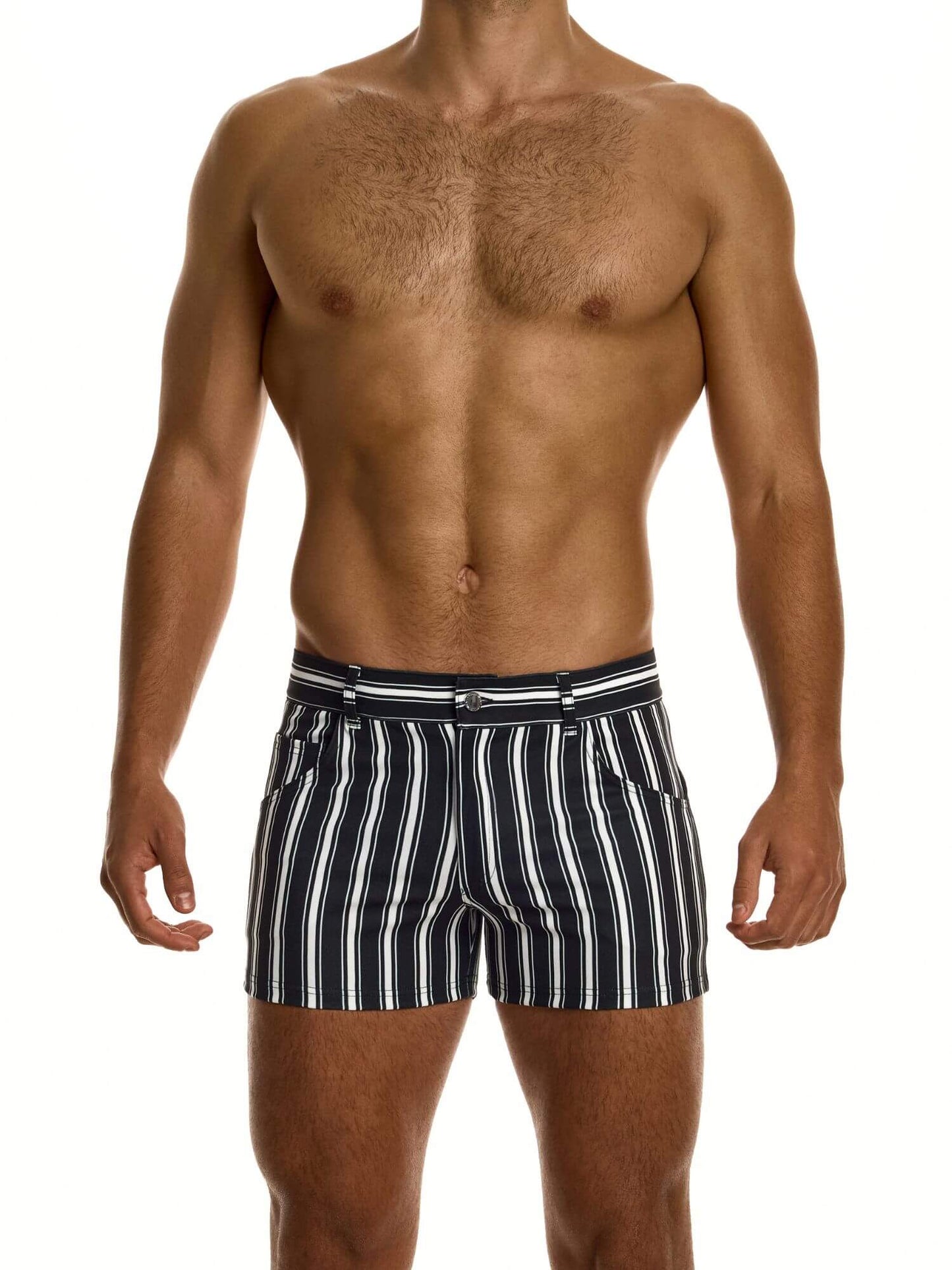 Man wearing black and white striped shorts on a white background