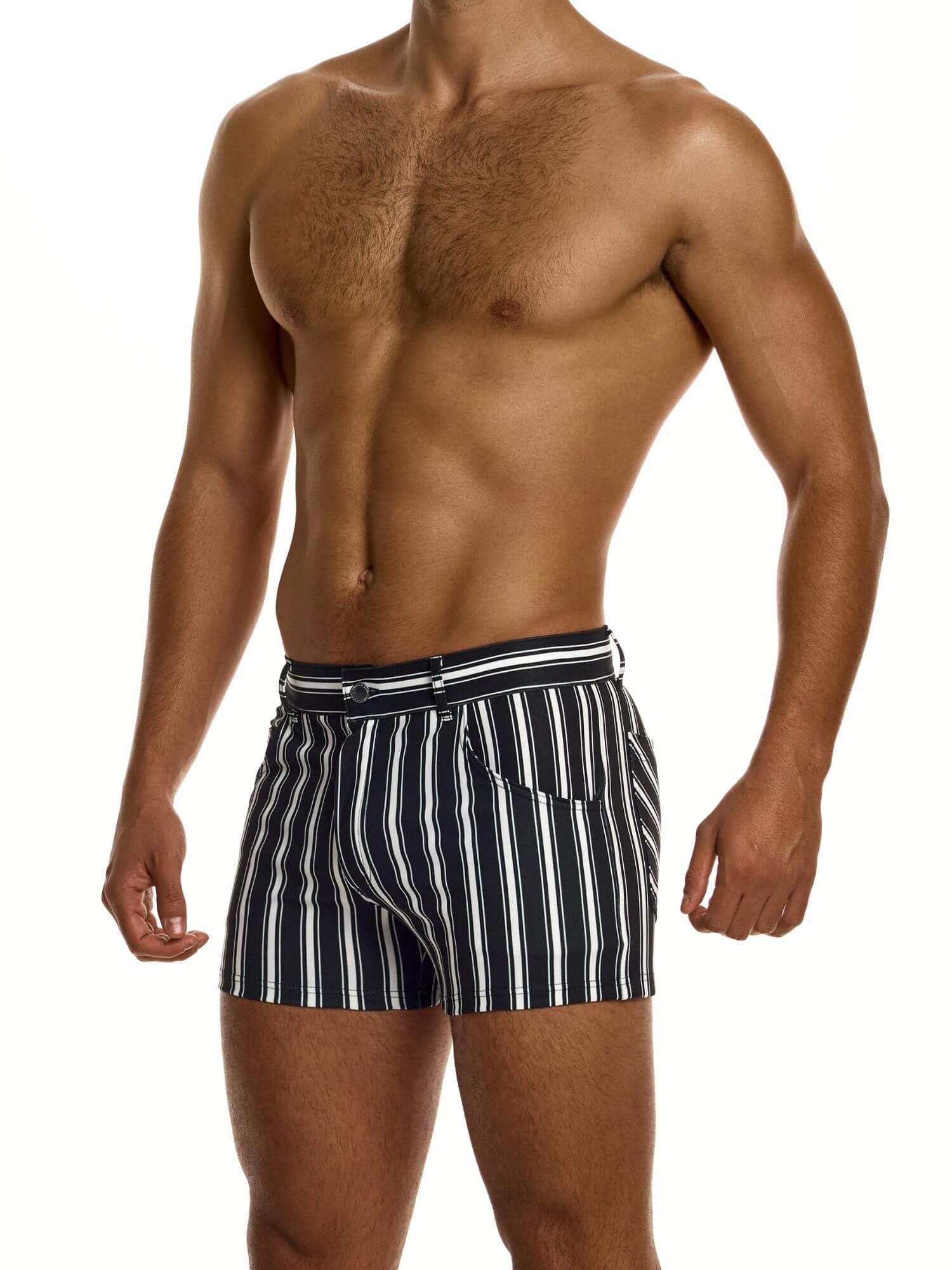 Man wearing black and white striped mens shorts on a white background